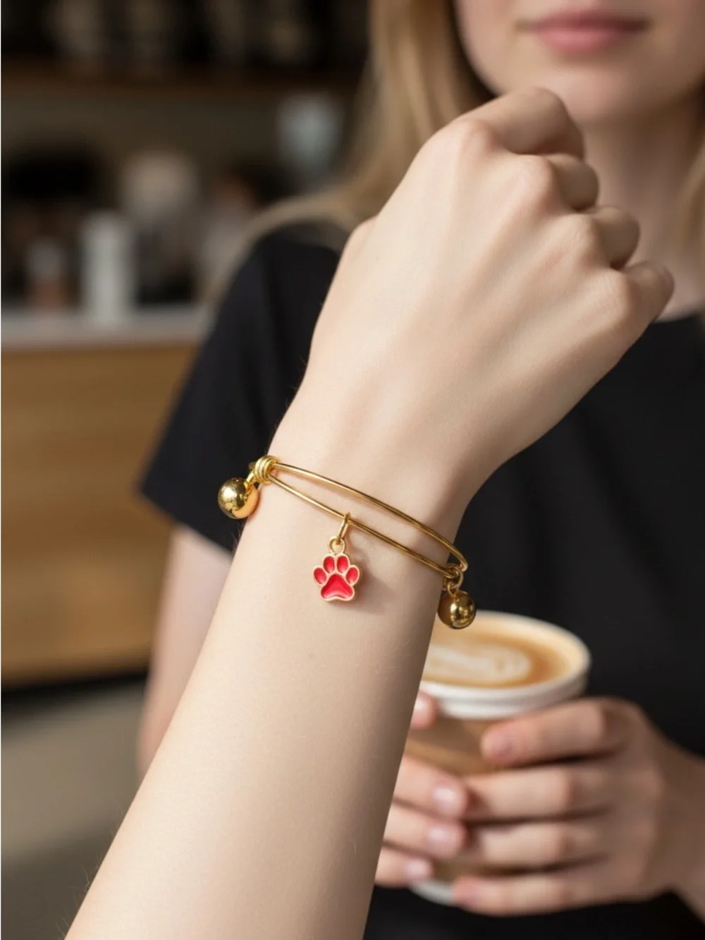 8/21 Gold Bangle Bracelet with Red Paw Charm - Women Jewelry